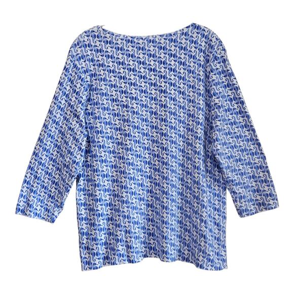 CHICO'S 3 Women XL Seahorse Top Blue White 3/4 Slv Coastal Pima Cotton Knit 42" - Picture 6 of 8